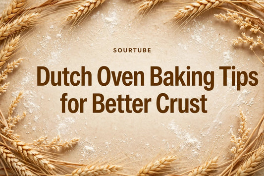 SourTube featured image: Dutch Oven Baking Tips for Better Crust on a warm bakery background with wheat and flour dust