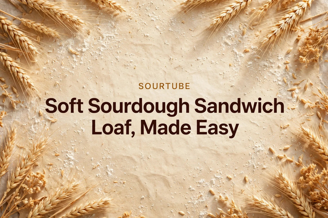 SourTube featured image: Soft Sourdough Sandwich Loaf, Made Easy — warm bakery background with golden wheat and flour dust