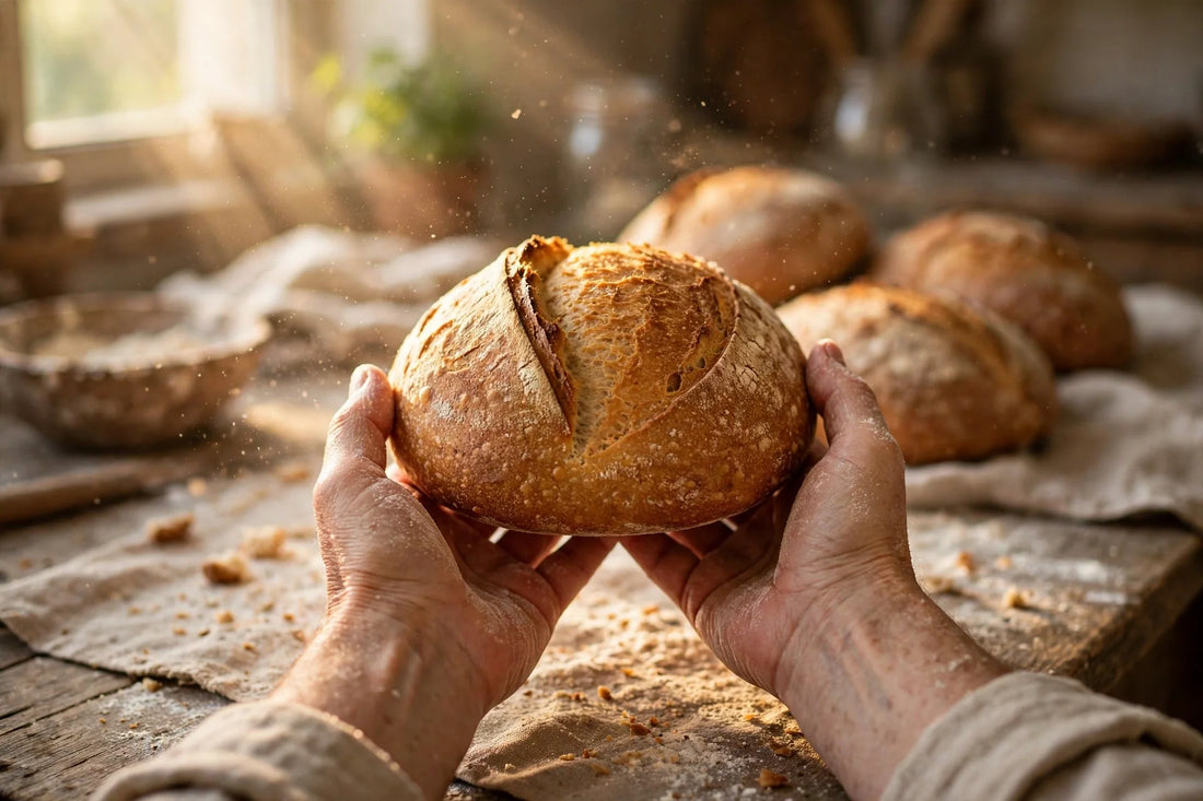 Flour-dusted hands offering a golden sourdough loaf in a sunlit kitchen