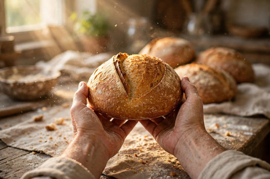 Flour-dusted hands offering a golden sourdough loaf in a sunlit kitchen