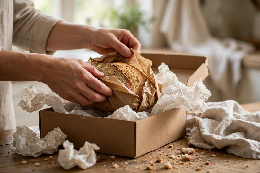 Hands unwrapping a paper-wrapped loaf from a box