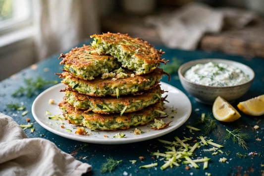 Golden crispy sourdough discard zucchini fritters stacked on a white ceramic plate with herby yogurt dip and lemon wedges